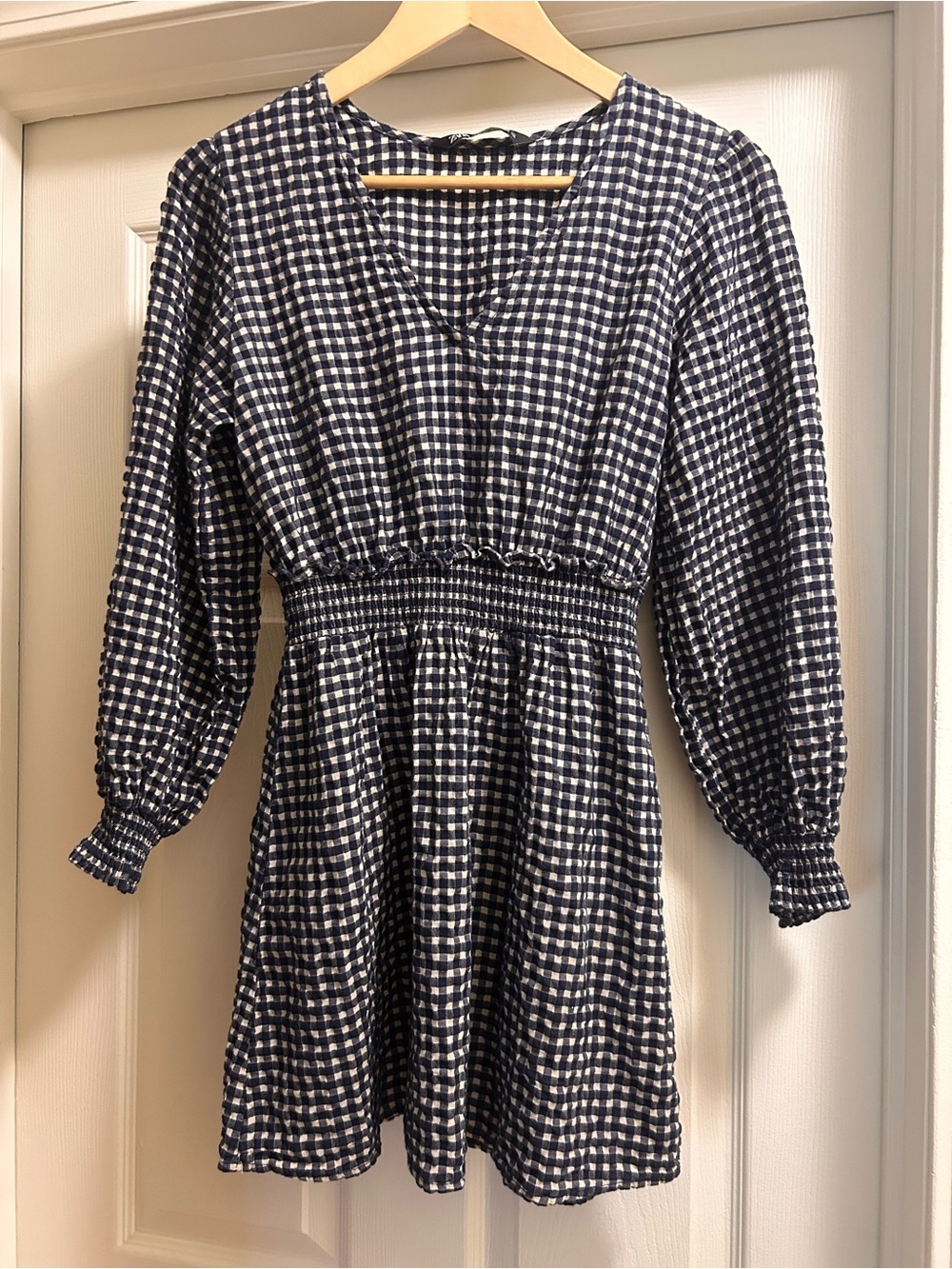 Zara Navy and White Checked Long-Sleeve Smocked-Waist Dress
